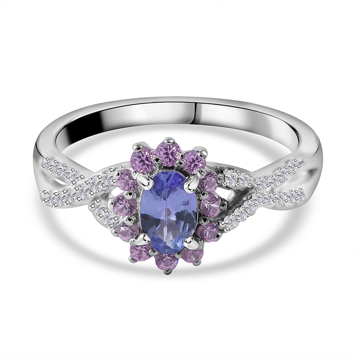 TLV Tanzanite (Ovl), Madagascar Pink Sapphire and White Zircon Floral Stud Earrings, Ring (Size 8) and Pendant in Platinum Over Sterling Silver 3.00 ctw image number 1