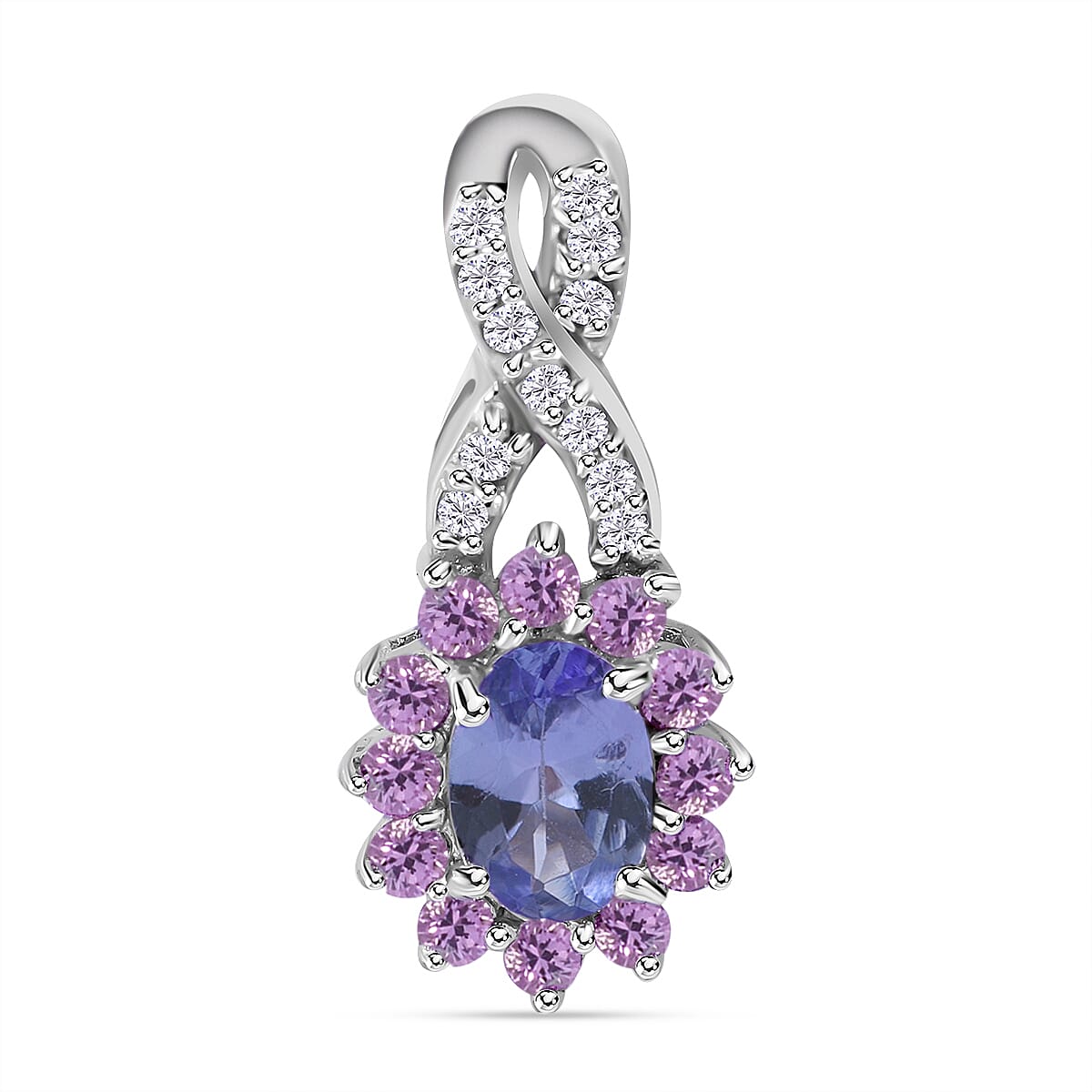TLV Tanzanite (Ovl), Madagascar Pink Sapphire and White Zircon Floral Stud Earrings, Ring (Size 8) and Pendant in Platinum Over Sterling Silver 3.00 ctw image number 3