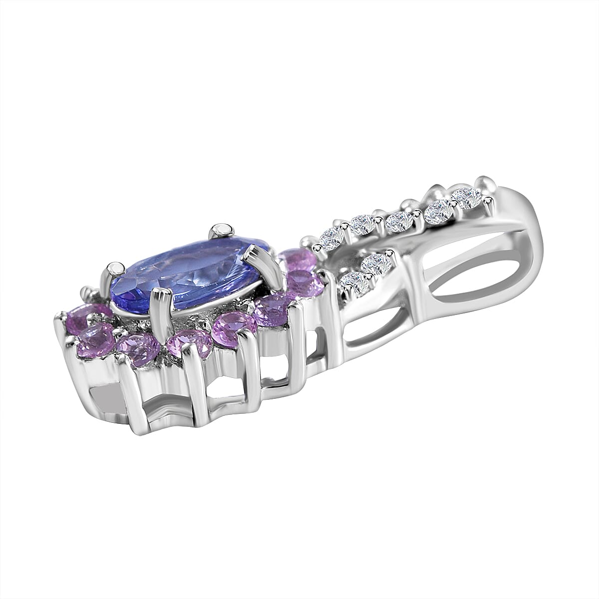 TLV Tanzanite (Ovl), Madagascar Pink Sapphire and White Zircon Floral Stud Earrings, Ring (Size 8) and Pendant in Platinum Over Sterling Silver 3.00 ctw image number 4