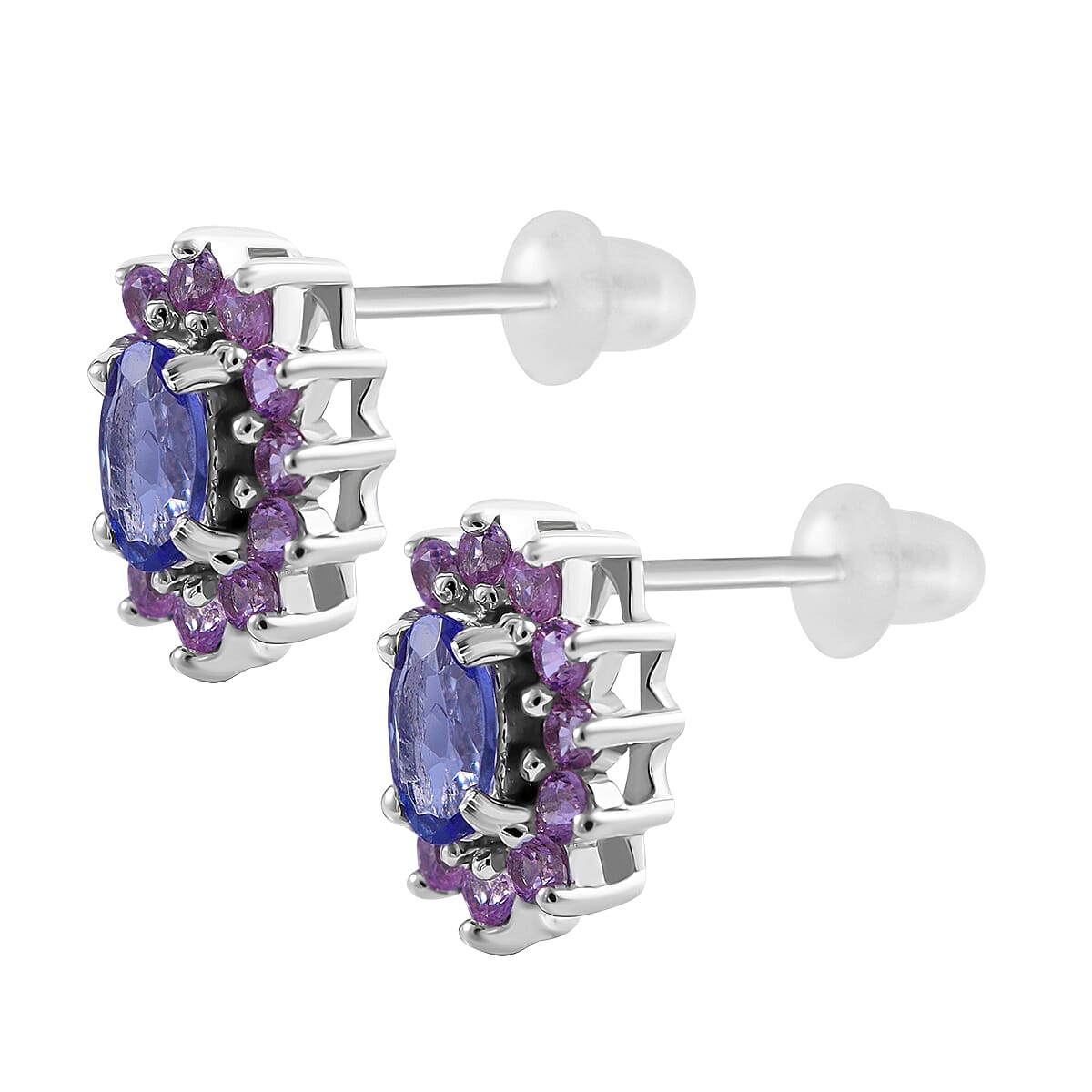 TLV Tanzanite (Ovl), Madagascar Pink Sapphire and White Zircon Floral Stud Earrings, Ring (Size 8) and Pendant in Platinum Over Sterling Silver 3.00 ctw image number 6