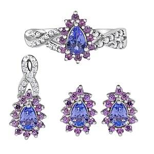 Tanzanite, Madagascar Pink Sapphire and White Zircon Floral Stud Earrings, Ring (Size 6) and Pendant in Platinum Over Sterling Silver 2.85 ctw
