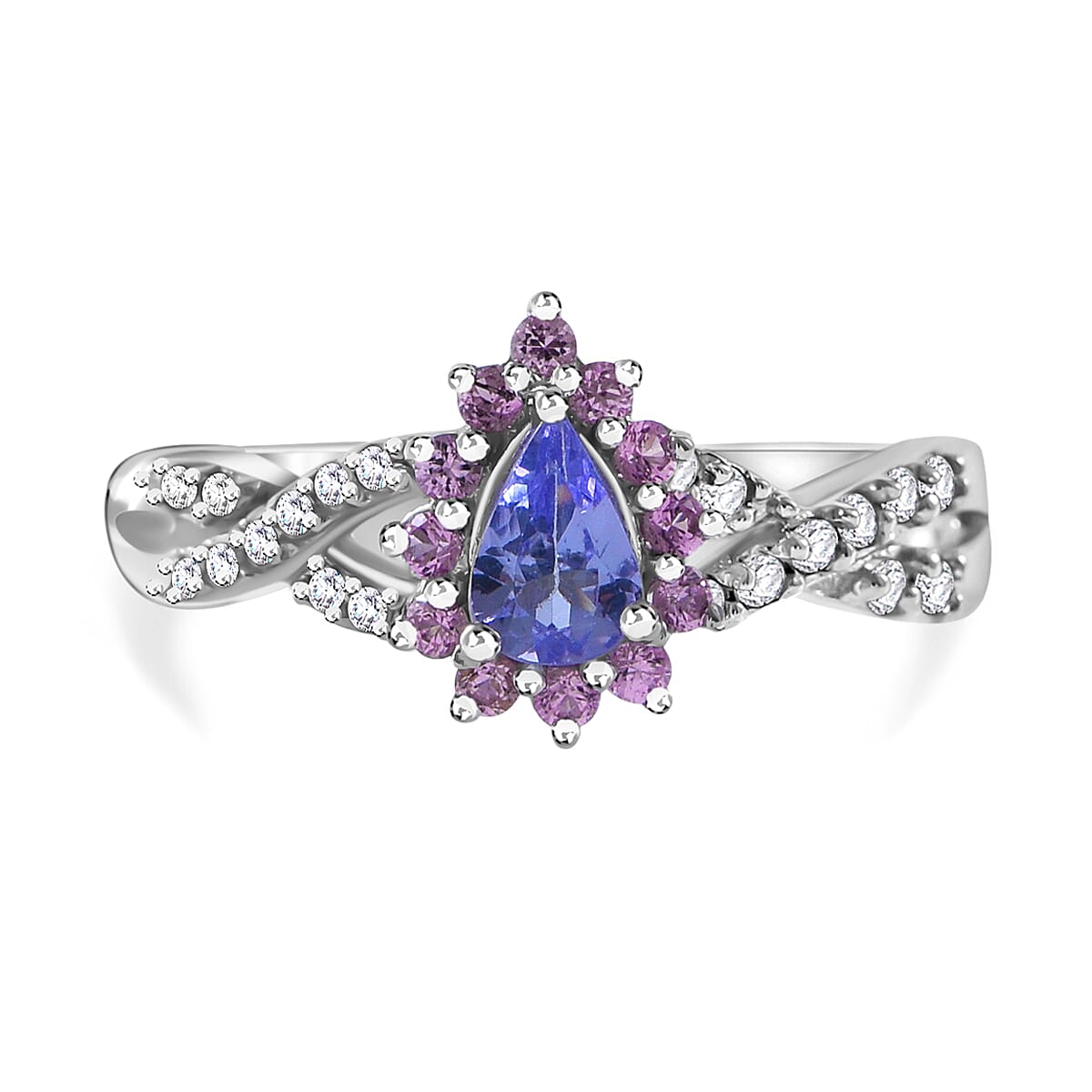 Tanzanite, Madagascar Pink Sapphire and White Zircon Floral Stud Earrings, Ring (Size 6) and Pendant in Platinum Over Sterling Silver 2.85 ctw image number 1