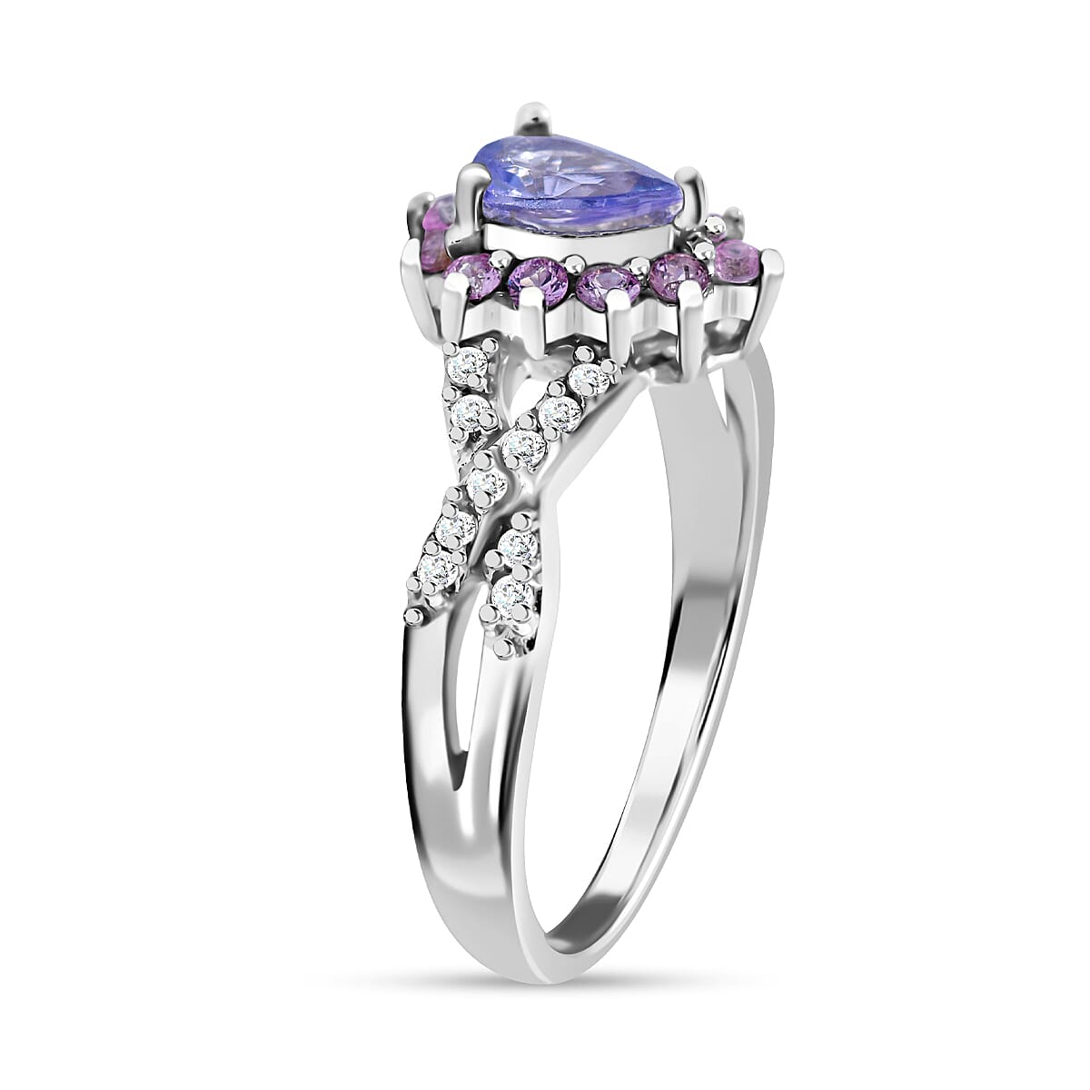 Tanzanite, Madagascar Pink Sapphire and White Zircon Floral Stud Earrings, Ring (Size 6) and Pendant in Platinum Over Sterling Silver 2.85 ctw image number 2