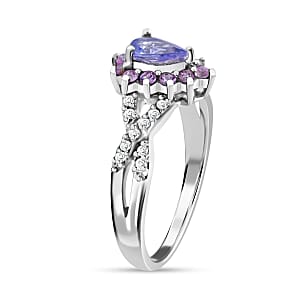 Tanzanite, Madagascar Pink Sapphire and White Zircon Floral Stud Earrings, Ring (Size 6) and Pendant in Platinum Over Sterling Silver 2.85 ctw