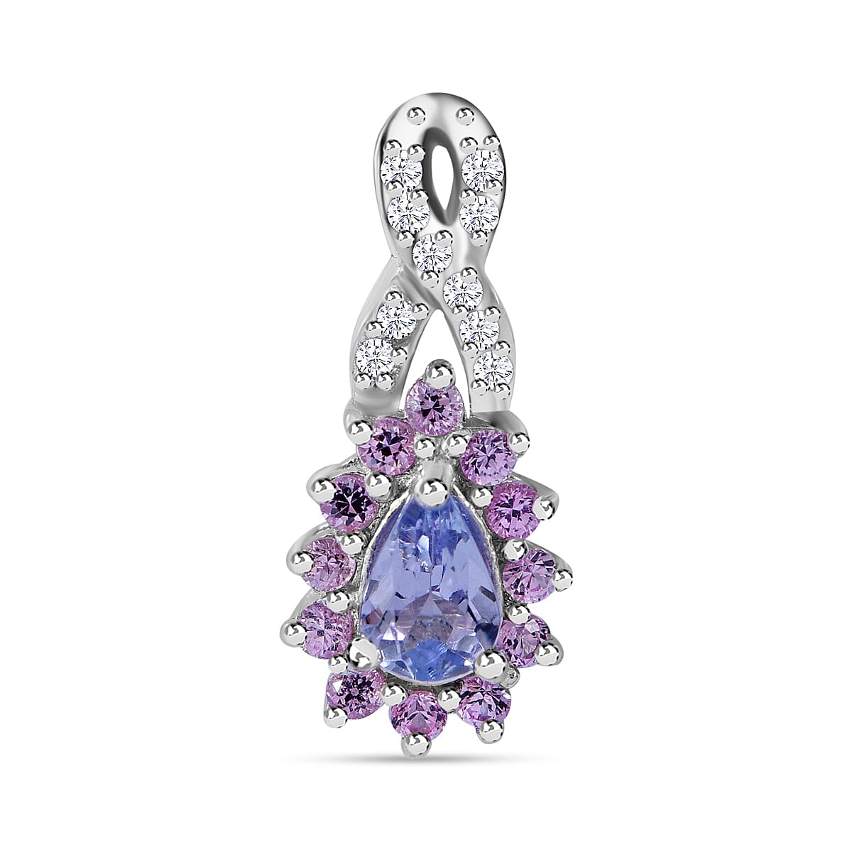 Tanzanite, Madagascar Pink Sapphire and White Zircon Floral Stud Earrings, Ring (Size 6) and Pendant in Platinum Over Sterling Silver 2.85 ctw image number 3