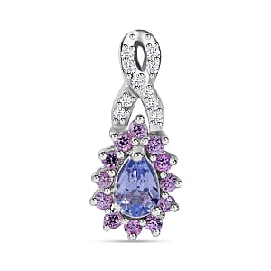 Tanzanite, Madagascar Pink Sapphire and White Zircon Floral Stud Earrings, Ring (Size 6) and Pendant in Platinum Over Sterling Silver 2.85 ctw