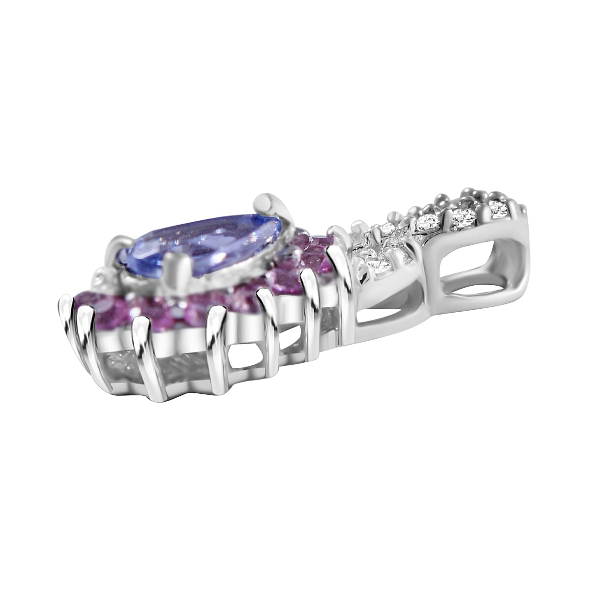 Tanzanite, Madagascar Pink Sapphire and White Zircon Floral Stud Earrings, Ring (Size 6) and Pendant in Platinum Over Sterling Silver 2.85 ctw image number 4