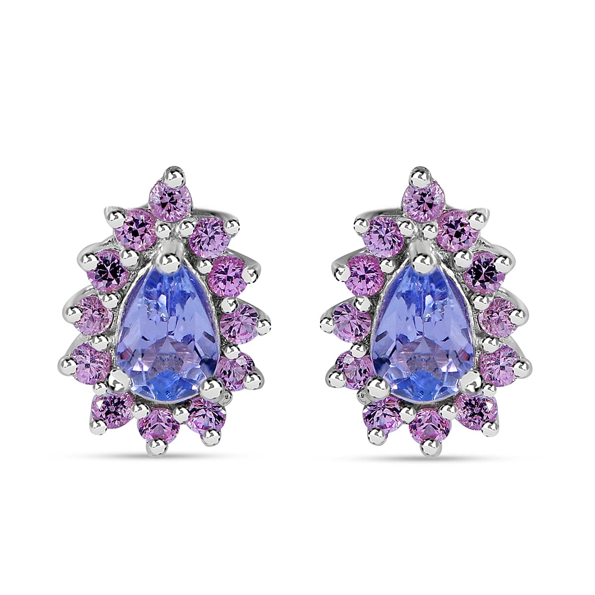 Tanzanite, Madagascar Pink Sapphire and White Zircon Floral Stud Earrings, Ring (Size 6) and Pendant in Platinum Over Sterling Silver 2.85 ctw image number 5