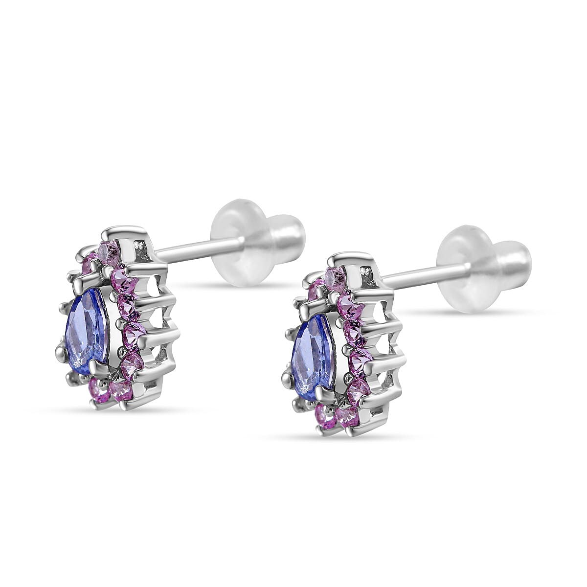 Tanzanite, Madagascar Pink Sapphire and White Zircon Floral Stud Earrings, Ring (Size 6) and Pendant in Platinum Over Sterling Silver 2.85 ctw image number 6