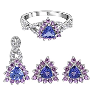 Tanzanite, Madagascar Pink Sapphire and White Zircon Floral Stud Earrings, Ring (Size 6) and Pendant in Platinum Over Sterling Silver 2.90 ctw