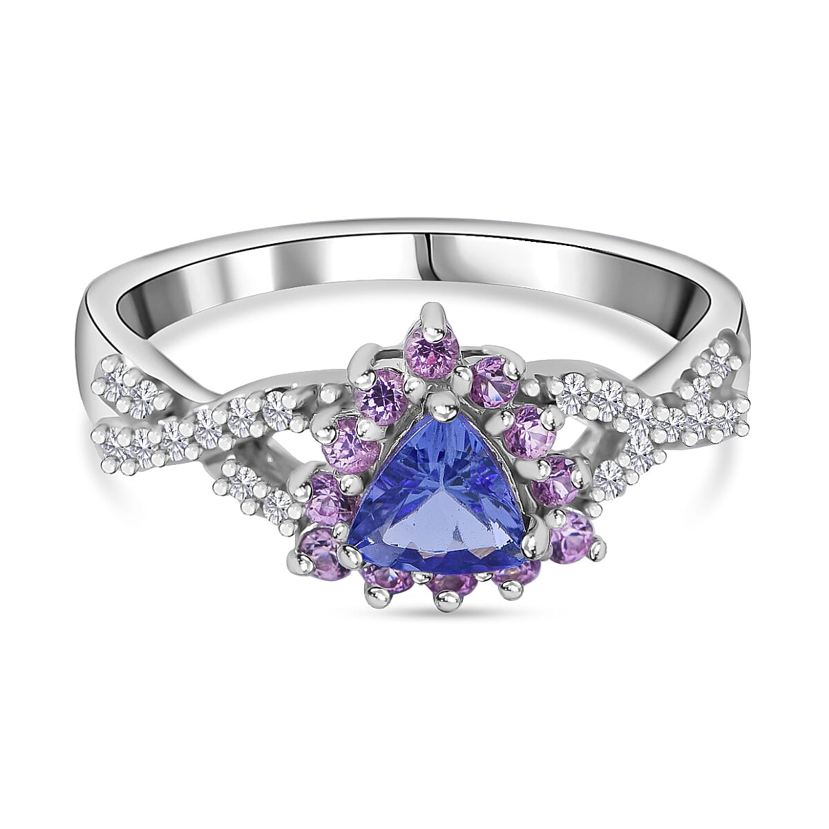 Tanzanite, Madagascar Pink Sapphire and White Zircon Floral Stud Earrings, Ring (Size 6) and Pendant in Platinum Over Sterling Silver 2.90 ctw image number 1