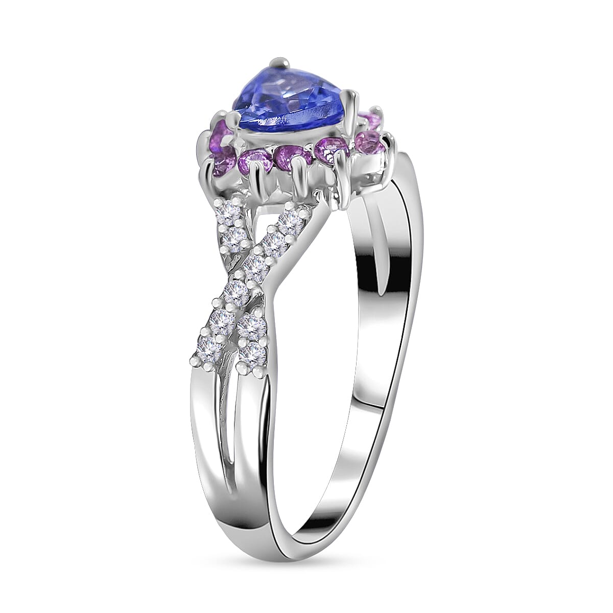 Tanzanite, Madagascar Pink Sapphire and White Zircon Floral Stud Earrings, Ring (Size 6) and Pendant in Platinum Over Sterling Silver 2.90 ctw image number 2