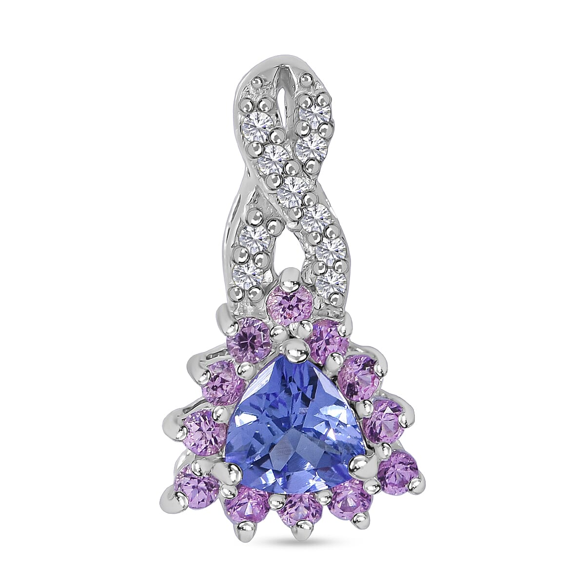 Tanzanite, Madagascar Pink Sapphire and White Zircon Floral Stud Earrings, Ring (Size 6) and Pendant in Platinum Over Sterling Silver 2.90 ctw image number 3