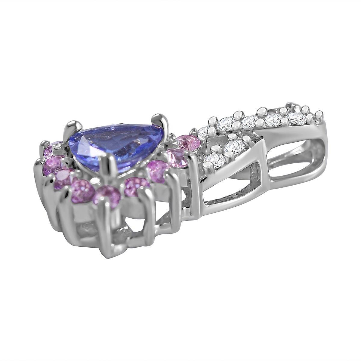Tanzanite, Madagascar Pink Sapphire and White Zircon Floral Stud Earrings, Ring (Size 6) and Pendant in Platinum Over Sterling Silver 2.90 ctw image number 4