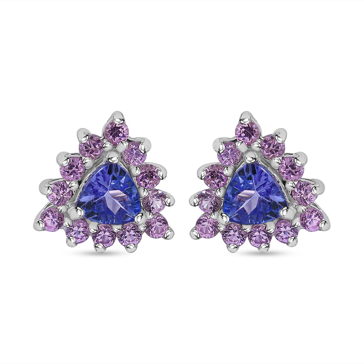 Tanzanite, Madagascar Pink Sapphire and White Zircon Floral Stud Earrings, Ring (Size 6) and Pendant in Platinum Over Sterling Silver 2.90 ctw image number 5