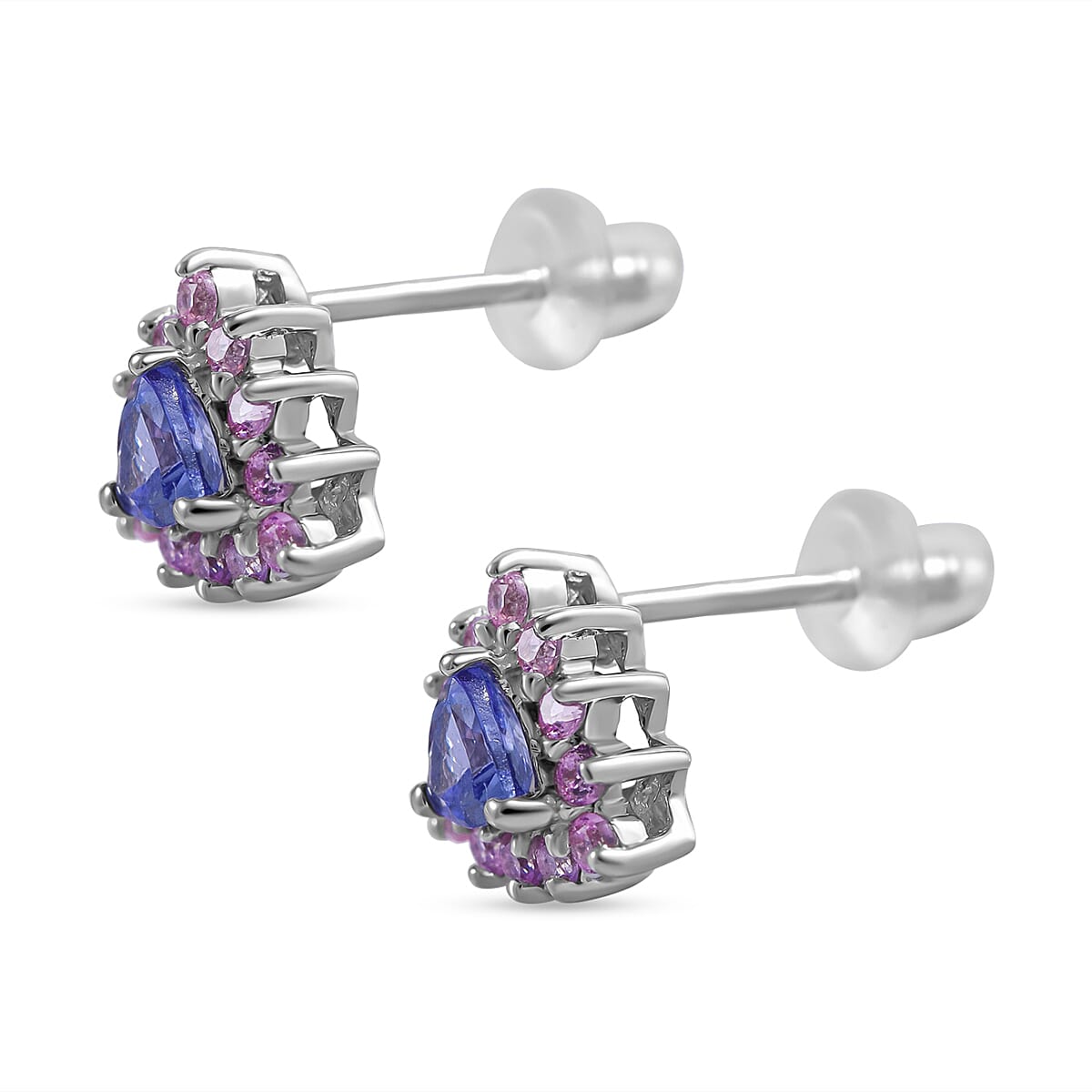 Tanzanite, Madagascar Pink Sapphire and White Zircon Floral Stud Earrings, Ring (Size 6) and Pendant in Platinum Over Sterling Silver 2.90 ctw image number 6