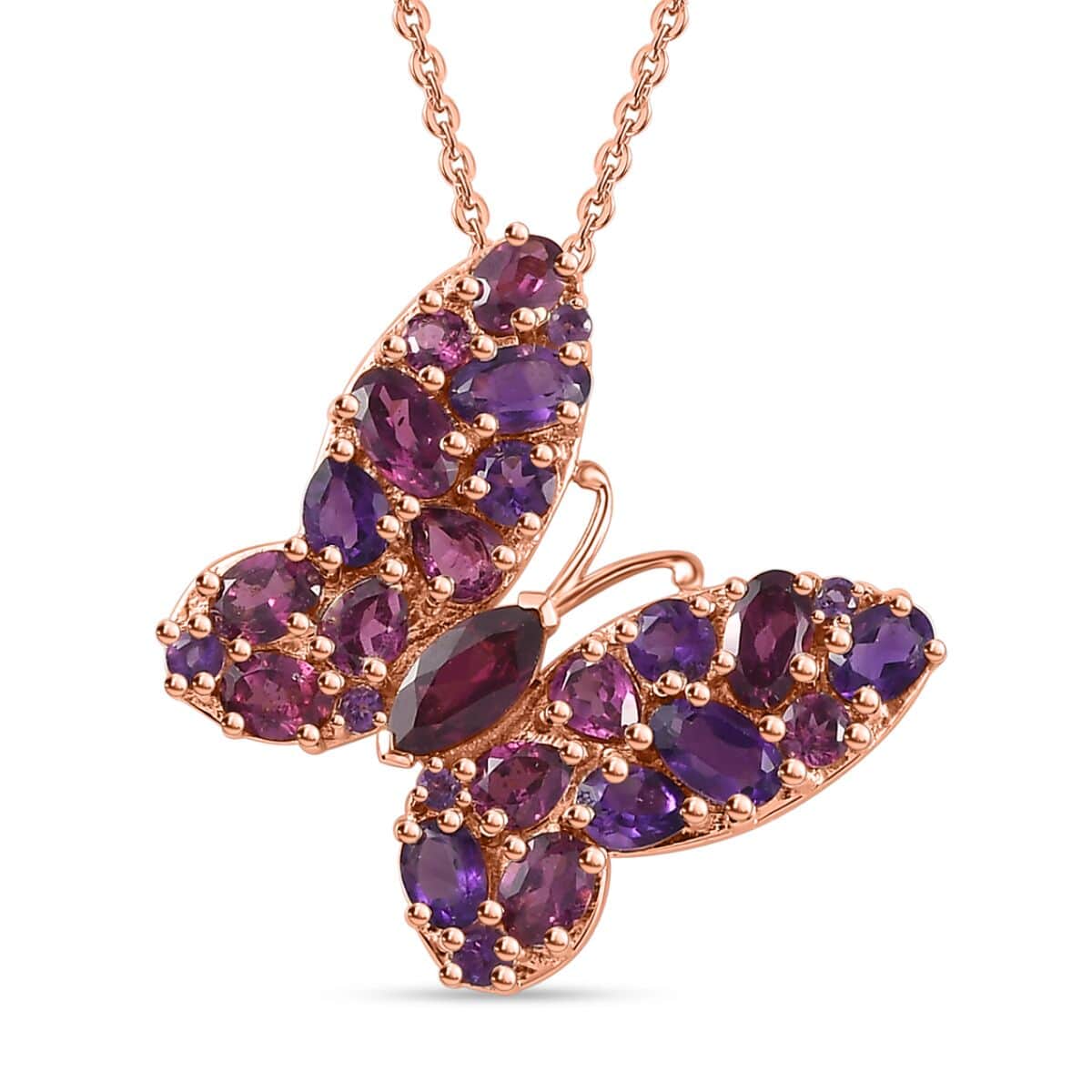Orissa Rhodolite Garnet and Lusaka Amethyst Butterfly Pendant Necklace 20 Inches in Vermeil Rose Gold Over Sterling Silver 4.25 ctw image number 0