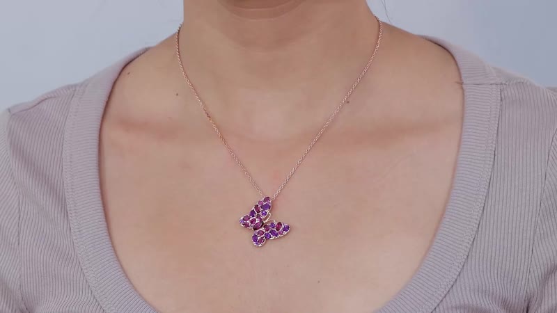 Orissa Rhodolite Garnet and Lusaka Amethyst Butterfly Pendant Necklace 20 Inches in Vermeil Rose Gold Over Sterling Silver 4.25 ctw