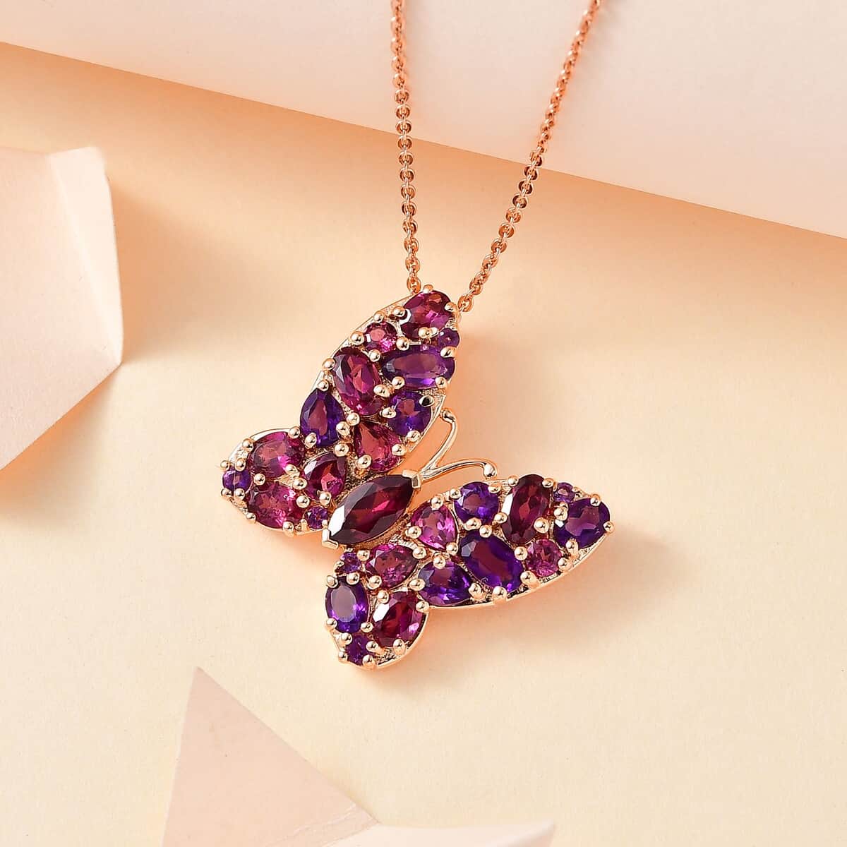 Orissa Rhodolite Garnet and Lusaka Amethyst Butterfly Pendant Necklace 20 Inches in Vermeil Rose Gold Over Sterling Silver 4.25 ctw image number 1