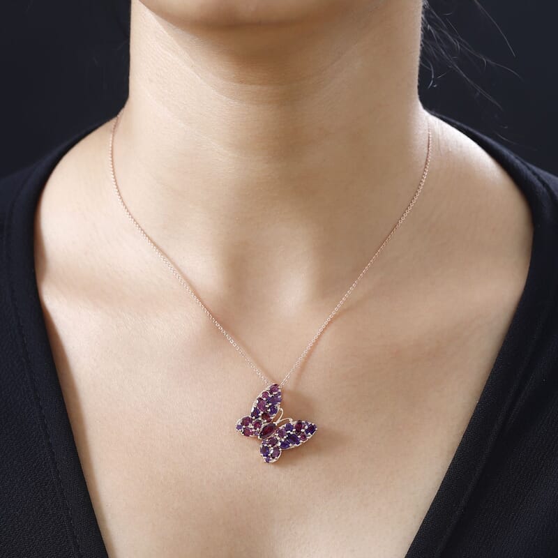 Orissa Rhodolite Garnet and Lusaka Amethyst Butterfly Pendant Necklace 20 Inches in Vermeil Rose Gold Over Sterling Silver 4.25 ctw