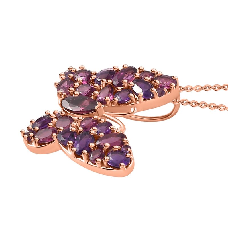 Orissa Rhodolite Garnet and Lusaka Amethyst Butterfly Pendant Necklace 20 Inches in Vermeil Rose Gold Over Sterling Silver 4.25 ctw
