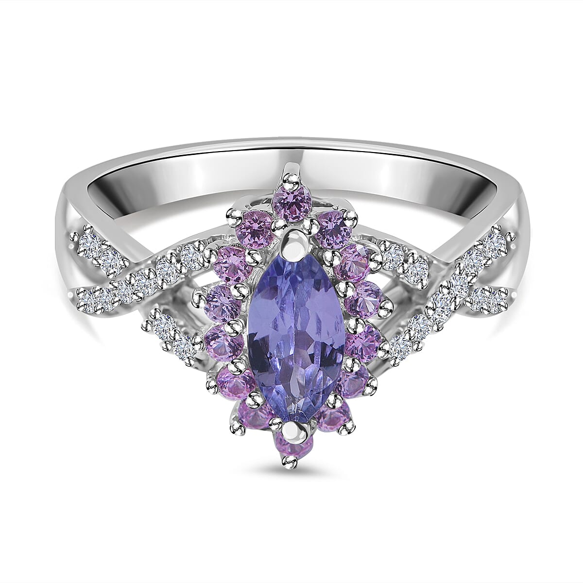 Tanzanite, Madagascar Pink Sapphire and White Zircon Floral Stud Earrings, Ring (Size 10) and Pendant in Platinum Over Sterling Silver 2.90 ctw image number 1