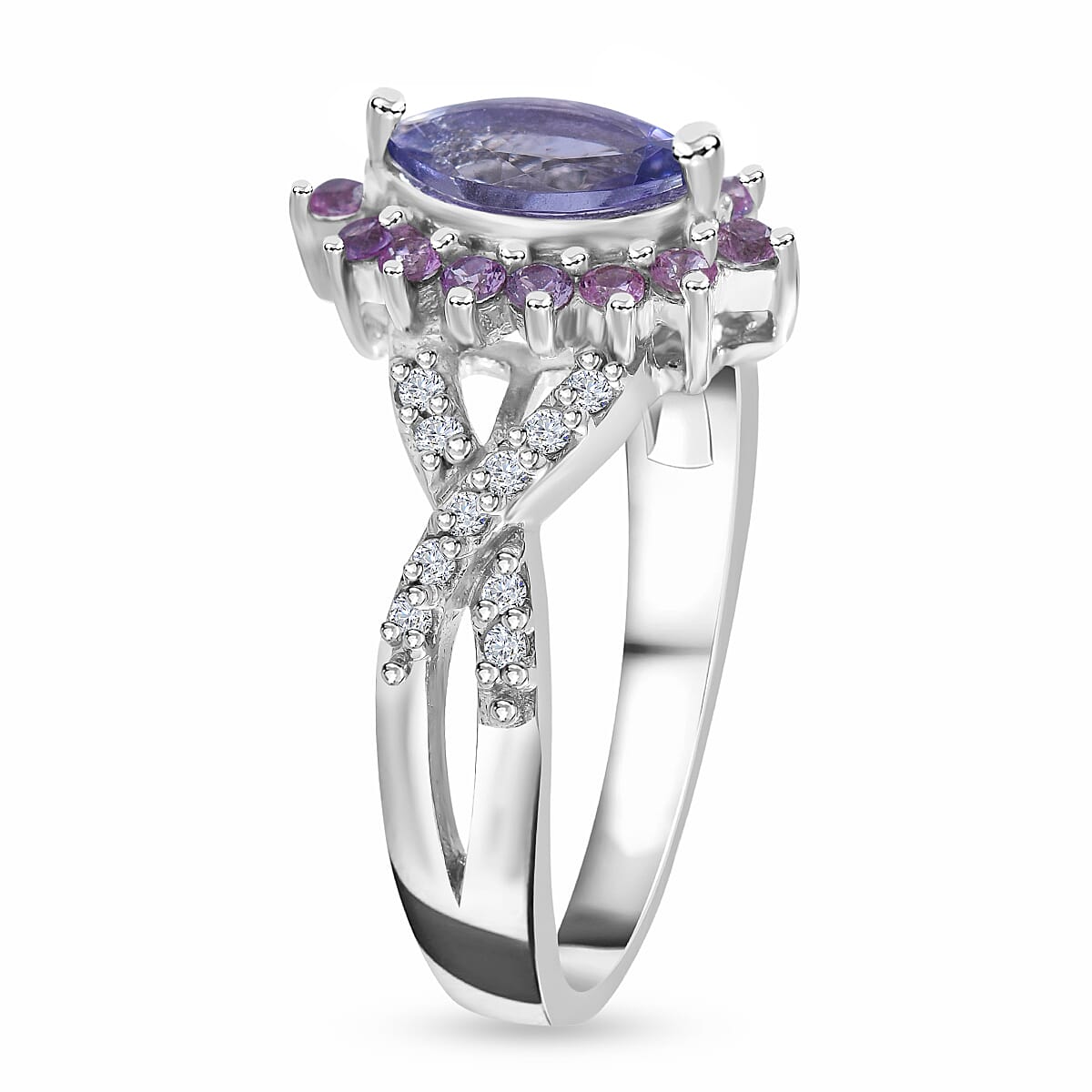 Tanzanite, Madagascar Pink Sapphire and White Zircon Floral Stud Earrings, Ring (Size 10) and Pendant in Platinum Over Sterling Silver 2.90 ctw image number 2