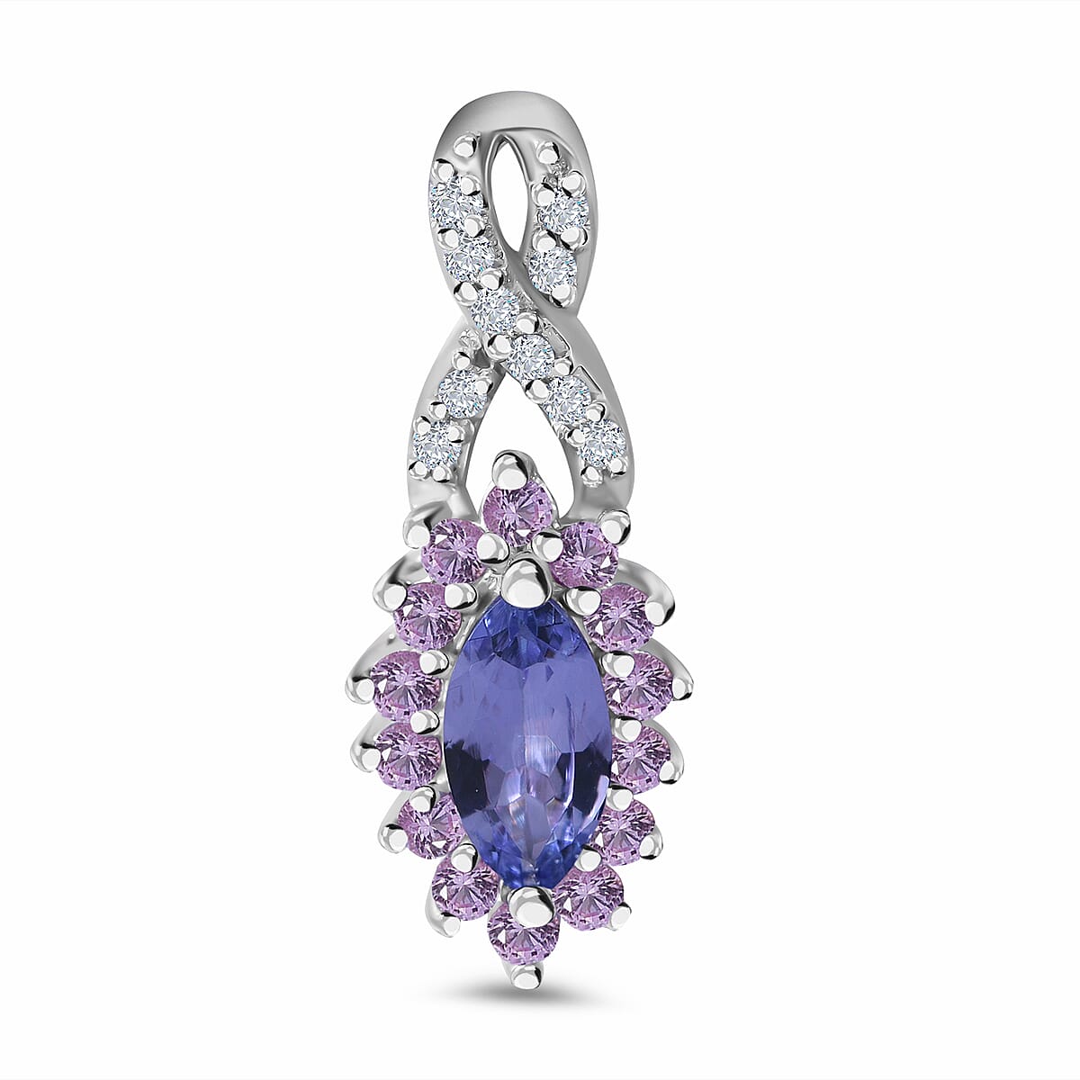Tanzanite, Madagascar Pink Sapphire and White Zircon Floral Stud Earrings, Ring (Size 10) and Pendant in Platinum Over Sterling Silver 2.90 ctw image number 3