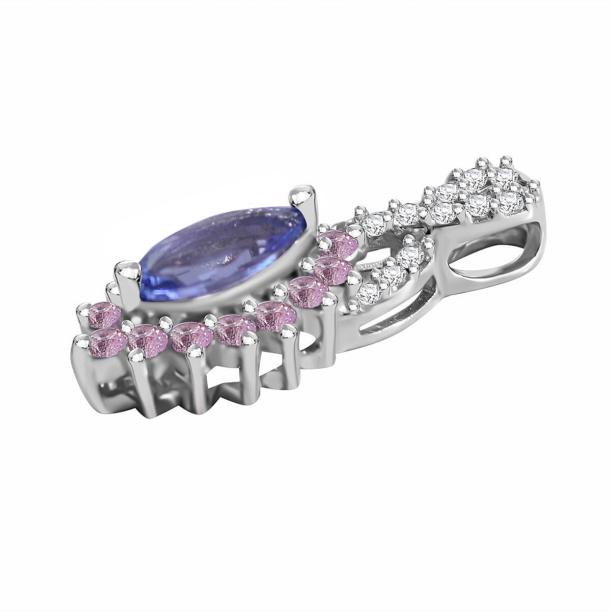 Tanzanite, Madagascar Pink Sapphire and White Zircon Floral Stud Earrings, Ring (Size 10) and Pendant in Platinum Over Sterling Silver 2.90 ctw image number 4