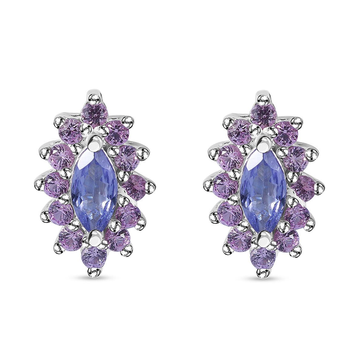 Tanzanite, Madagascar Pink Sapphire and White Zircon Floral Stud Earrings, Ring (Size 10) and Pendant in Platinum Over Sterling Silver 2.90 ctw image number 5
