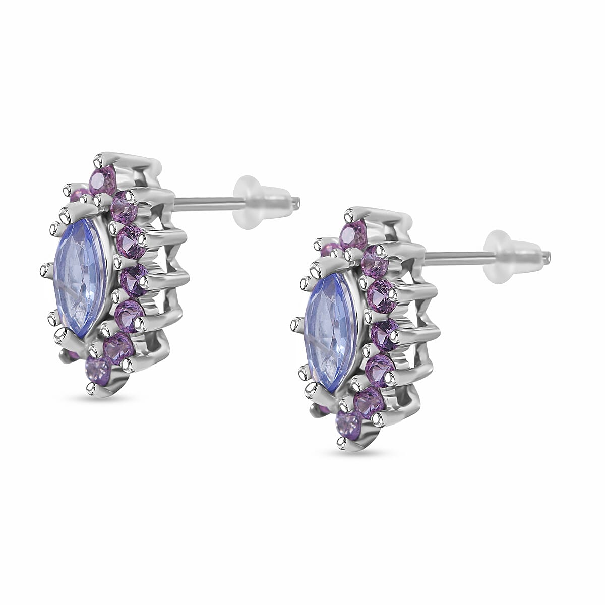 Tanzanite, Madagascar Pink Sapphire and White Zircon Floral Stud Earrings, Ring (Size 10) and Pendant in Platinum Over Sterling Silver 2.90 ctw image number 6