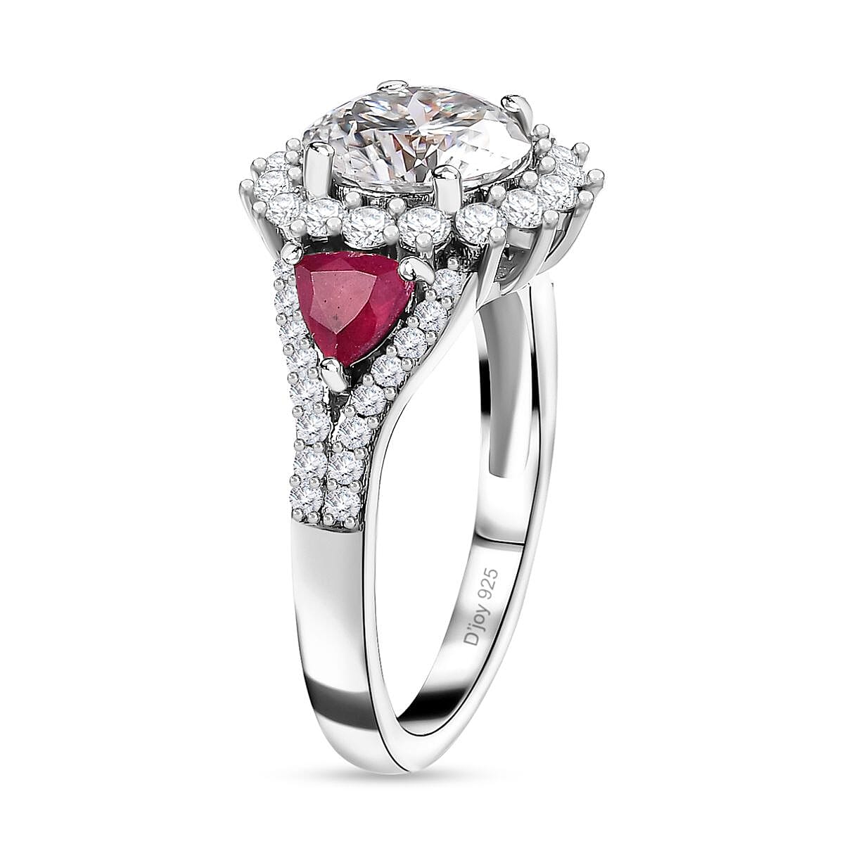 120 Facet Moissanite and Niassa Ruby (FF) Stud Earrings, Ring (Size 5.0) and Pendant Necklace 20 Inches in Platinum Over Sterling Silver 8.20 ctw