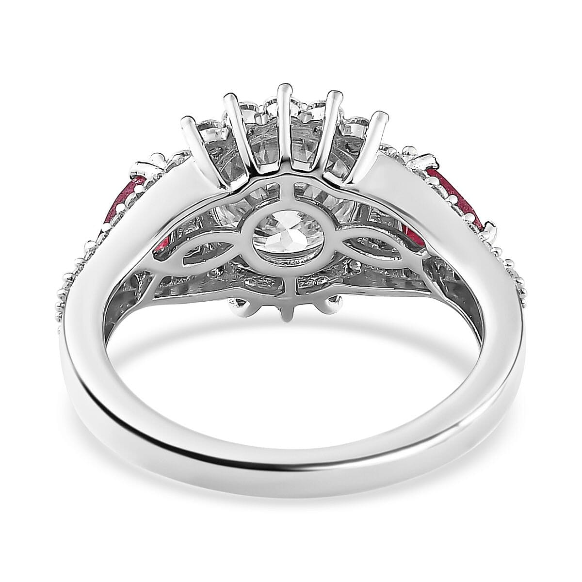 120 Facet Moissanite and Niassa Ruby (FF) Stud Earrings, Ring (Size 5.0) and Pendant Necklace 20 Inches in Platinum Over Sterling Silver 8.20 ctw