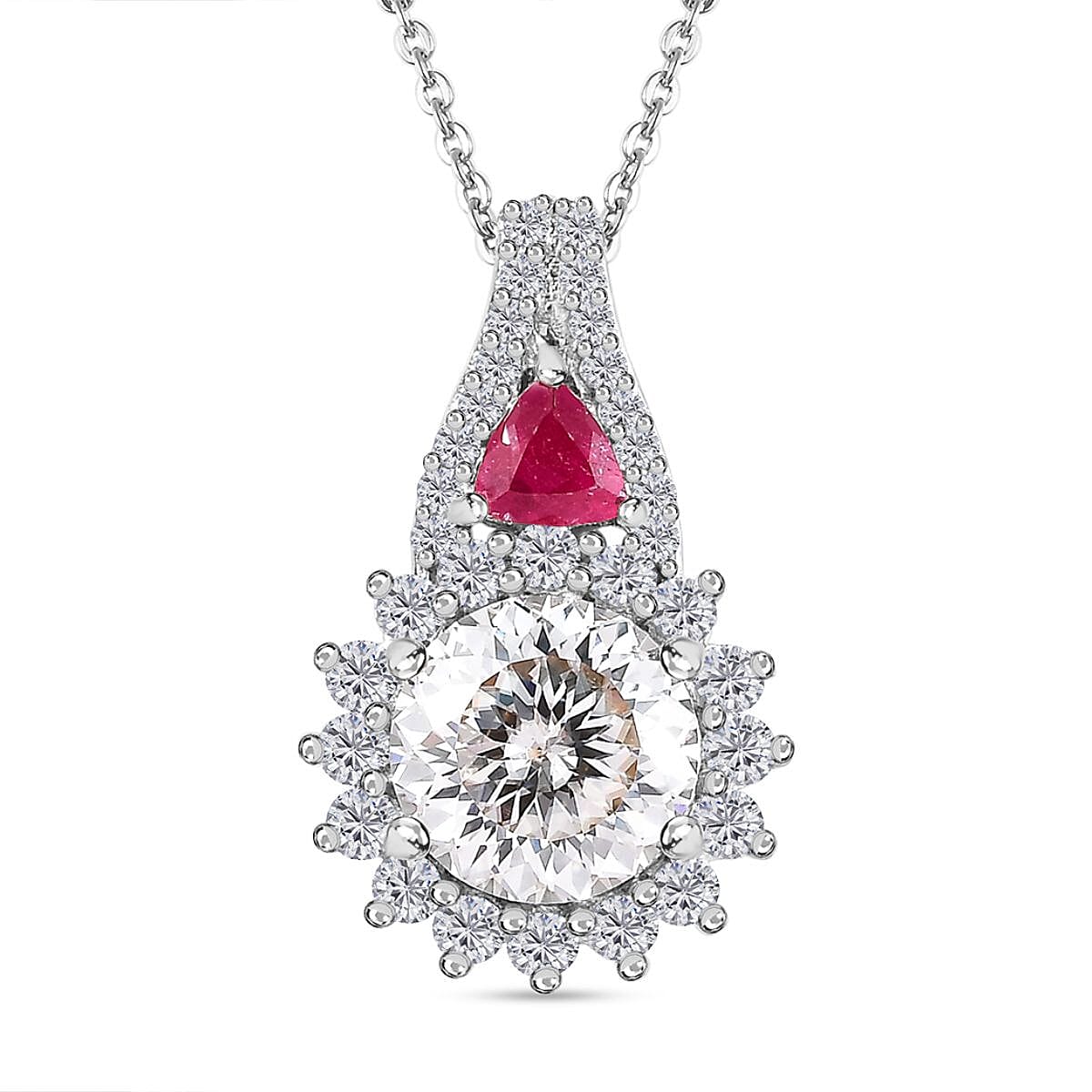 120 Facet Moissanite and Niassa Ruby (FF) Stud Earrings, Ring (Size 5.0) and Pendant Necklace 20 Inches in Platinum Over Sterling Silver 8.20 ctw