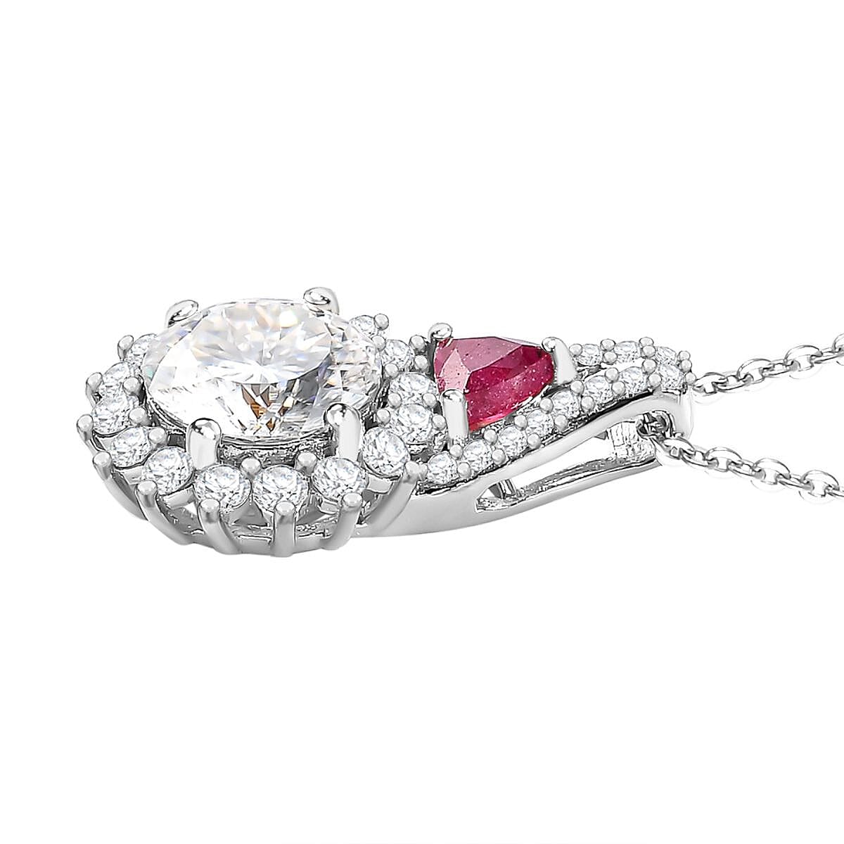 120 Facet Moissanite and Niassa Ruby (FF) Stud Earrings, Ring (Size 5.0) and Pendant Necklace 20 Inches in Platinum Over Sterling Silver 8.20 ctw