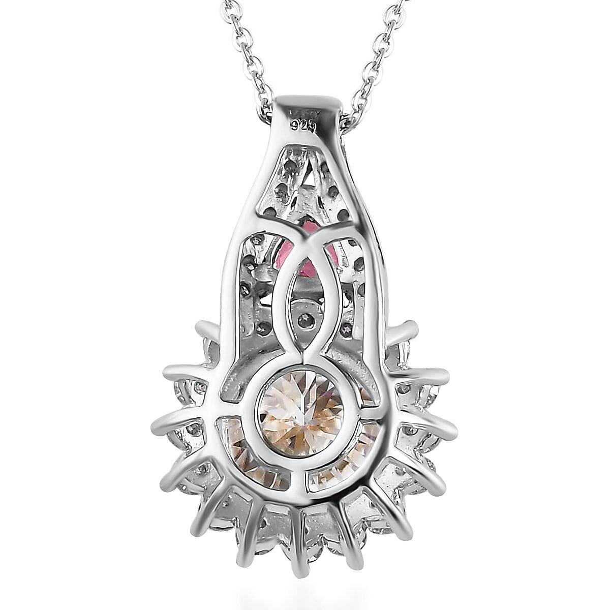 120 Facet Moissanite and Niassa Ruby (FF) Stud Earrings, Ring (Size 5.0) and Pendant Necklace 20 Inches in Platinum Over Sterling Silver 8.20 ctw