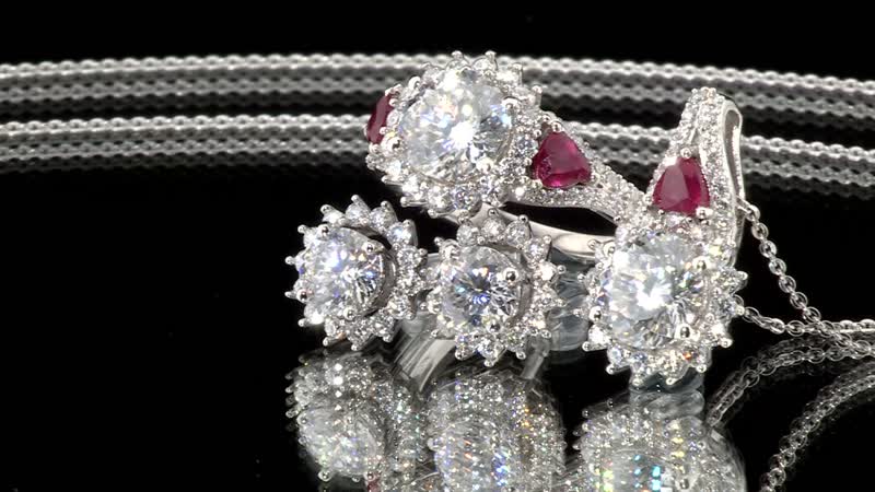 TLV 120 Facet Moissanite (Rnd 8mm), Niassa Ruby (FF) Stud Earrings, Ring (Size 6.0) and Pendant Necklace (20 Inches) in Platinum Over Sterling Silver 8.20 ctw
