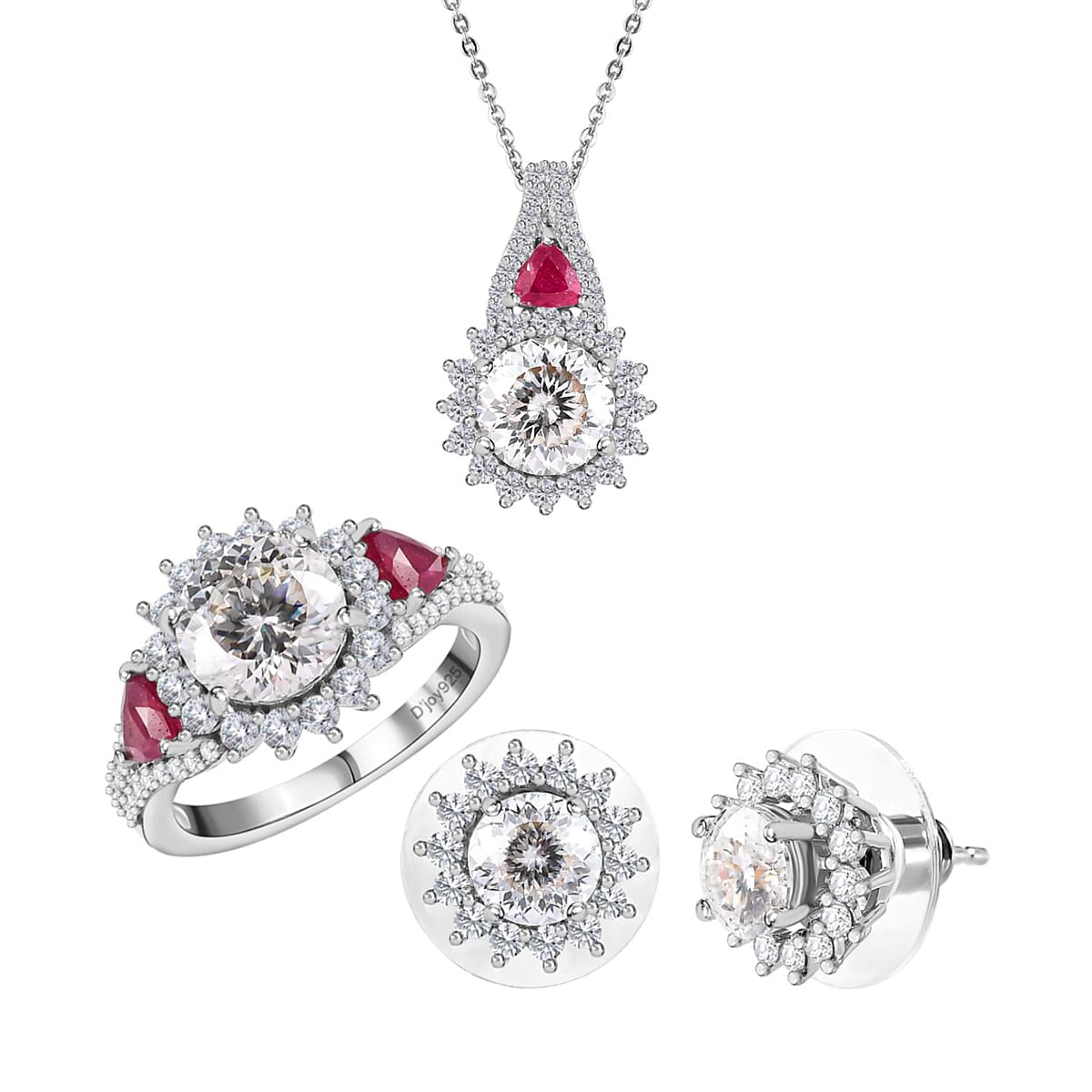 120 Facet Moissanite and Niassa Ruby (FF) Stud Earrings, Ring (Size 7.0) and Pendant Necklace 20 Inches in Platinum Over Sterling Silver 8.20 ctw image number 0