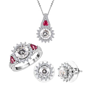120 Facet Moissanite and Niassa Ruby (FF) Stud Earrings, Ring (Size 7.0) and Pendant Necklace 20 Inches in Platinum Over Sterling Silver 8.20 ctw