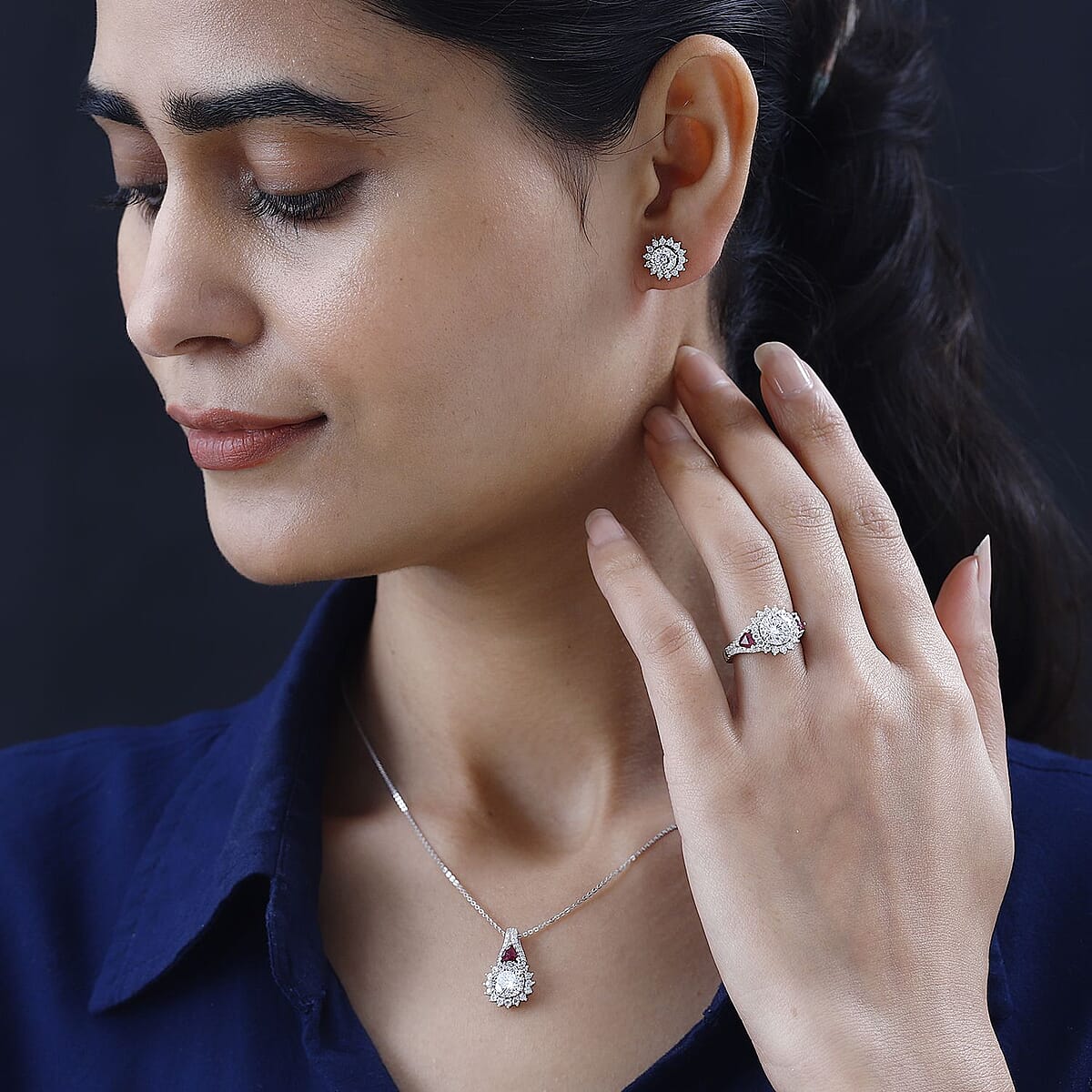 120 Facet Moissanite and Niassa Ruby (FF) Stud Earrings, Ring (Size 7.0) and Pendant Necklace 20 Inches in Platinum Over Sterling Silver 8.20 ctw image number 2