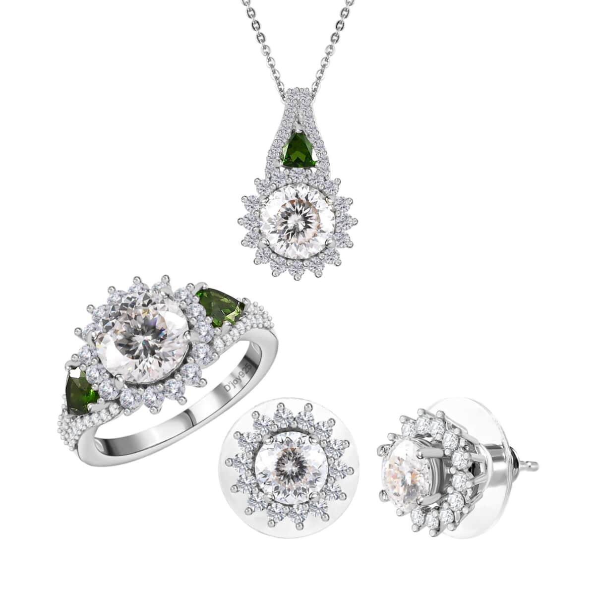 120 Facet Moissanite and Chrome Diopside Stud Earrings, Ring (Size 5.0) and Pendant Necklace 20 Inches in Platinum Over Sterling Silver 8.00 ctw image number 0