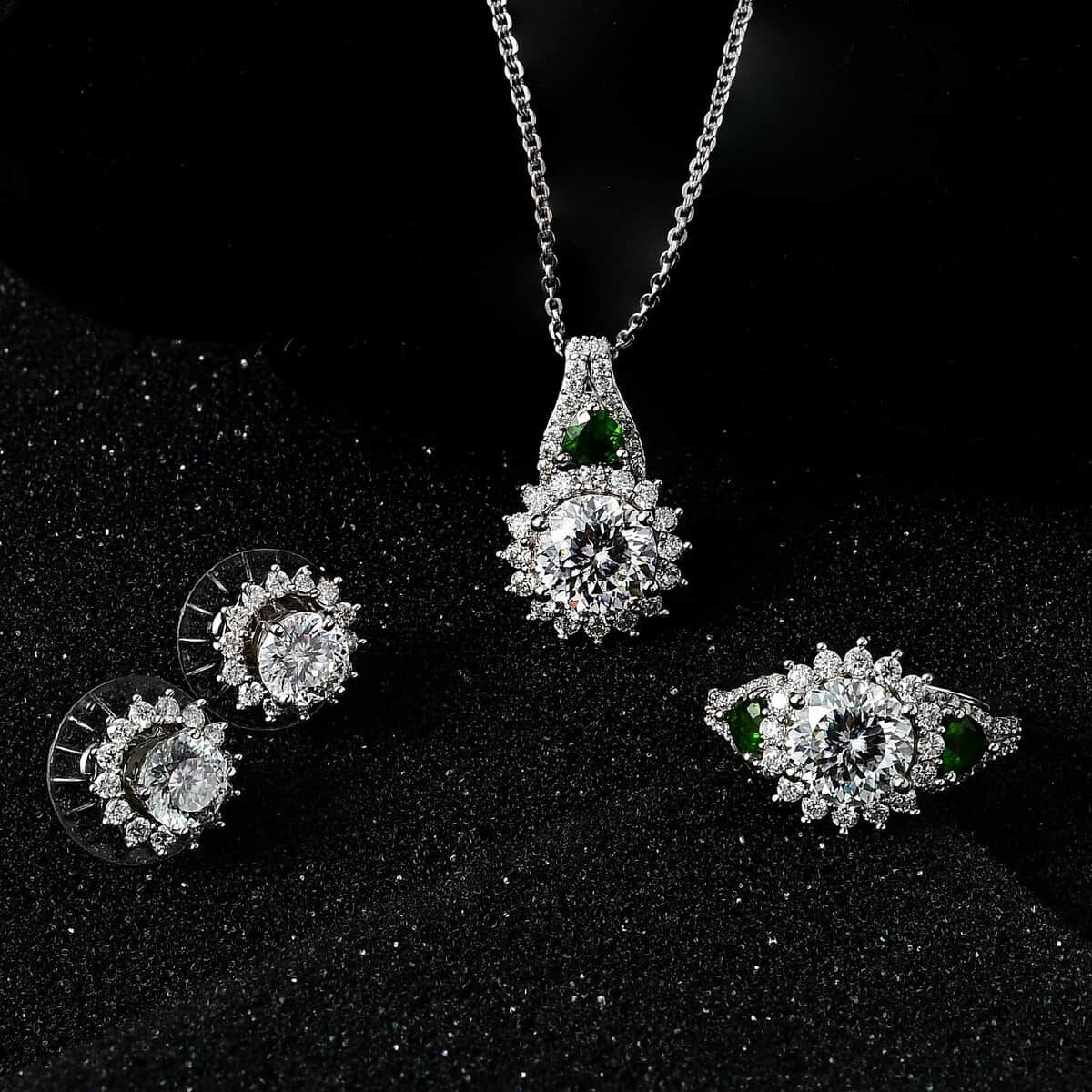 120 Facet Moissanite and Chrome Diopside Stud Earrings, Ring (Size 5.0) and Pendant Necklace 20 Inches in Platinum Over Sterling Silver 8.00 ctw image number 1