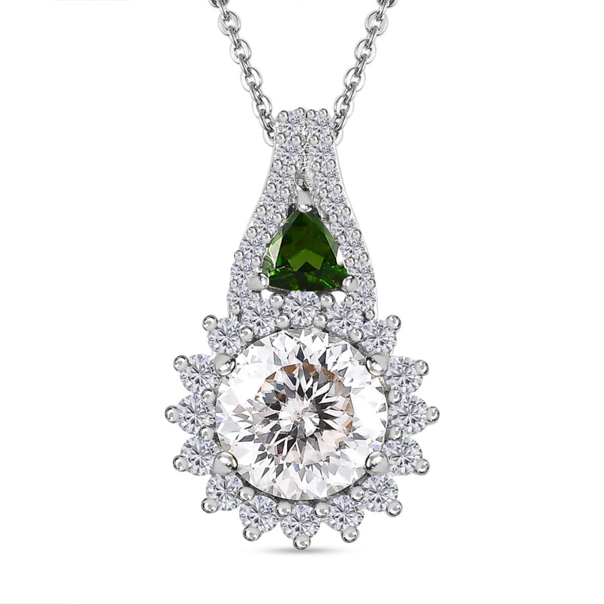 120 Facet Moissanite and Chrome Diopside Stud Earrings, Ring (Size 5.0) and Pendant Necklace 20 Inches in Platinum Over Sterling Silver 8.00 ctw image number 6