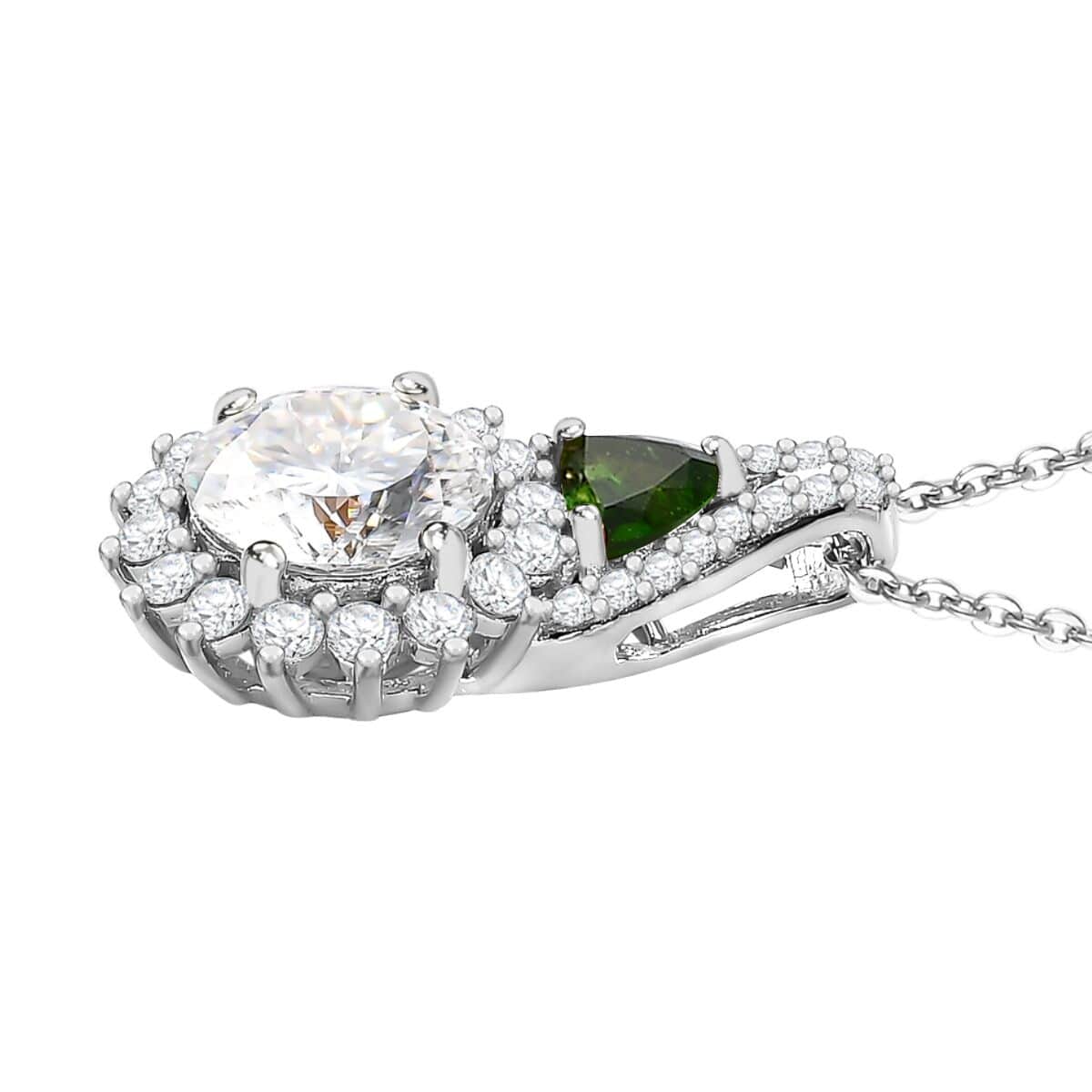 120 Facet Moissanite and Chrome Diopside Stud Earrings, Ring (Size 5.0) and Pendant Necklace 20 Inches in Platinum Over Sterling Silver 8.00 ctw image number 7