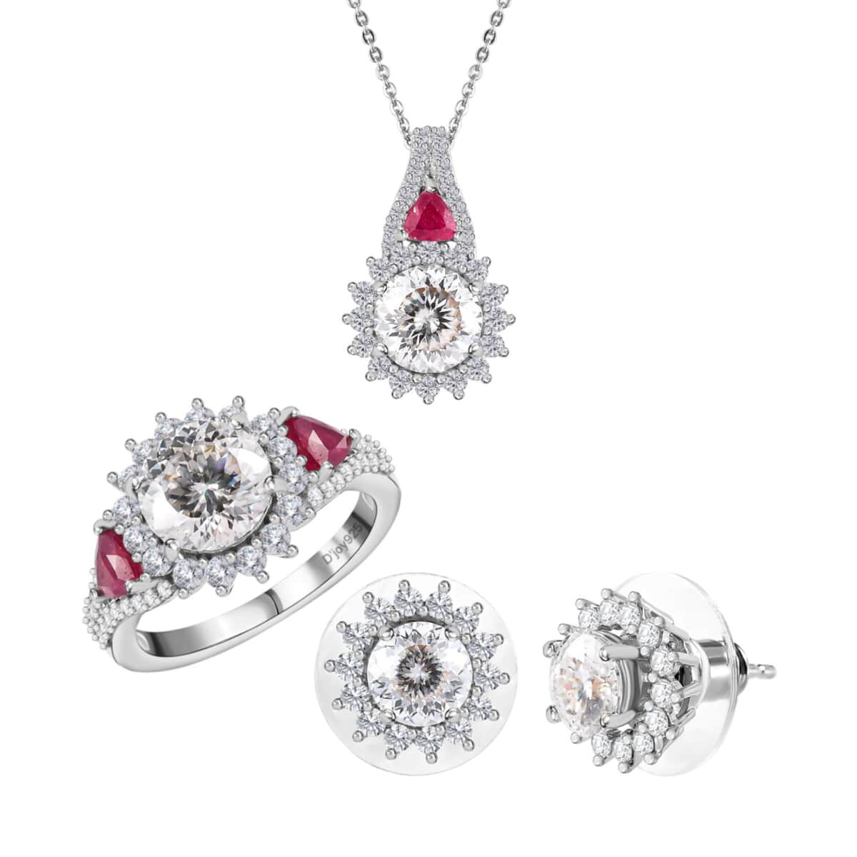 120 Facet Moissanite and Niassa Ruby (FF) Stud Earrings, Ring (Size 9.0) and Pendant Necklace 20 Inches in Platinum Over Sterling Silver 8.20 ctw image number 0