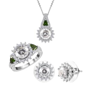 120 Facet Moissanite and Chrome Diopside Stud Earrings, Ring (Size 7.0) and Pendant Necklace 20 Inches in Platinum Over Sterling Silver 8.00 ctw