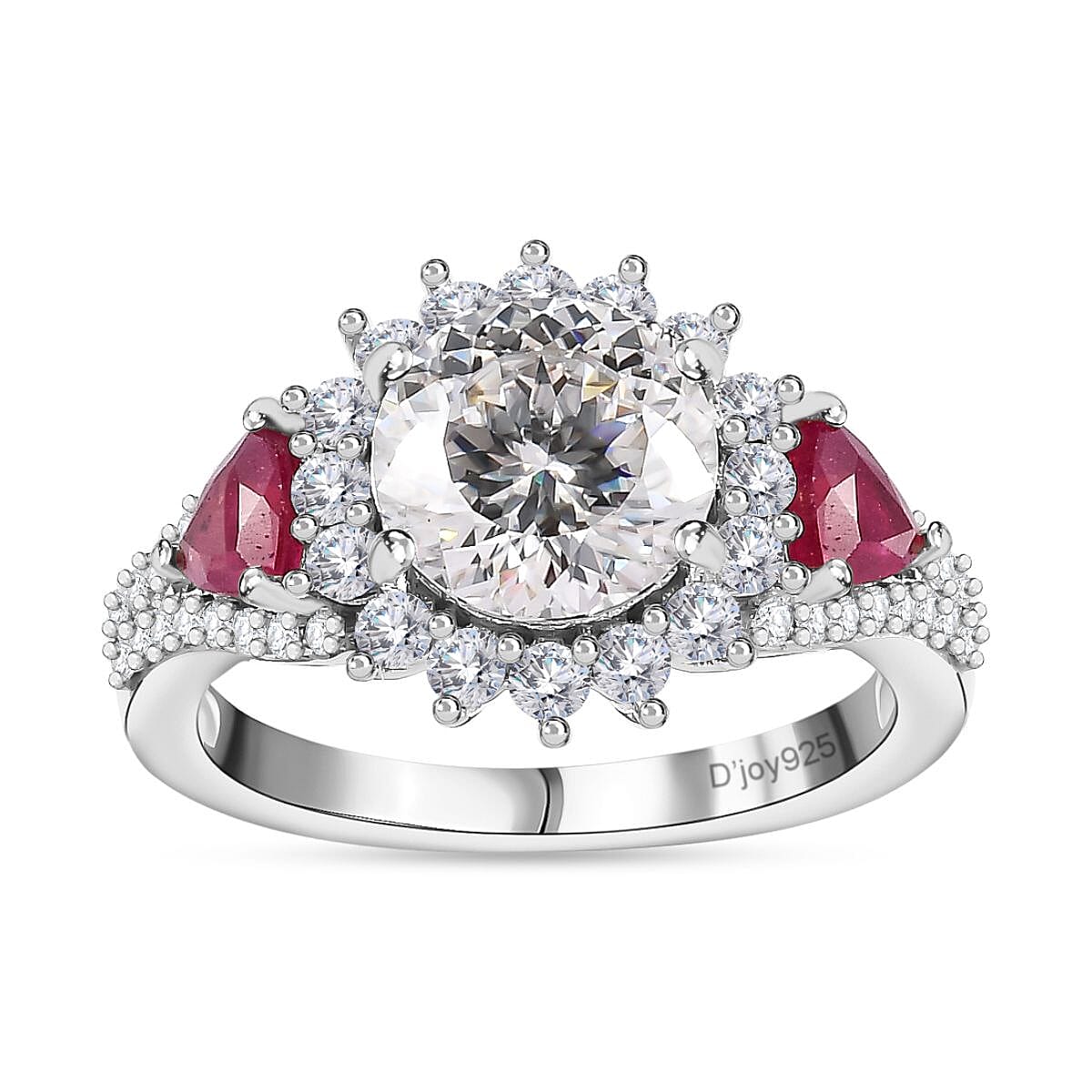 120 Facet Moissanite and Niassa Ruby (FF) Stud Earrings, Ring (Size 10.0) and Pendant Necklace 20 Inches in Platinum Over Sterling Silver 8.20 ctw image number 3