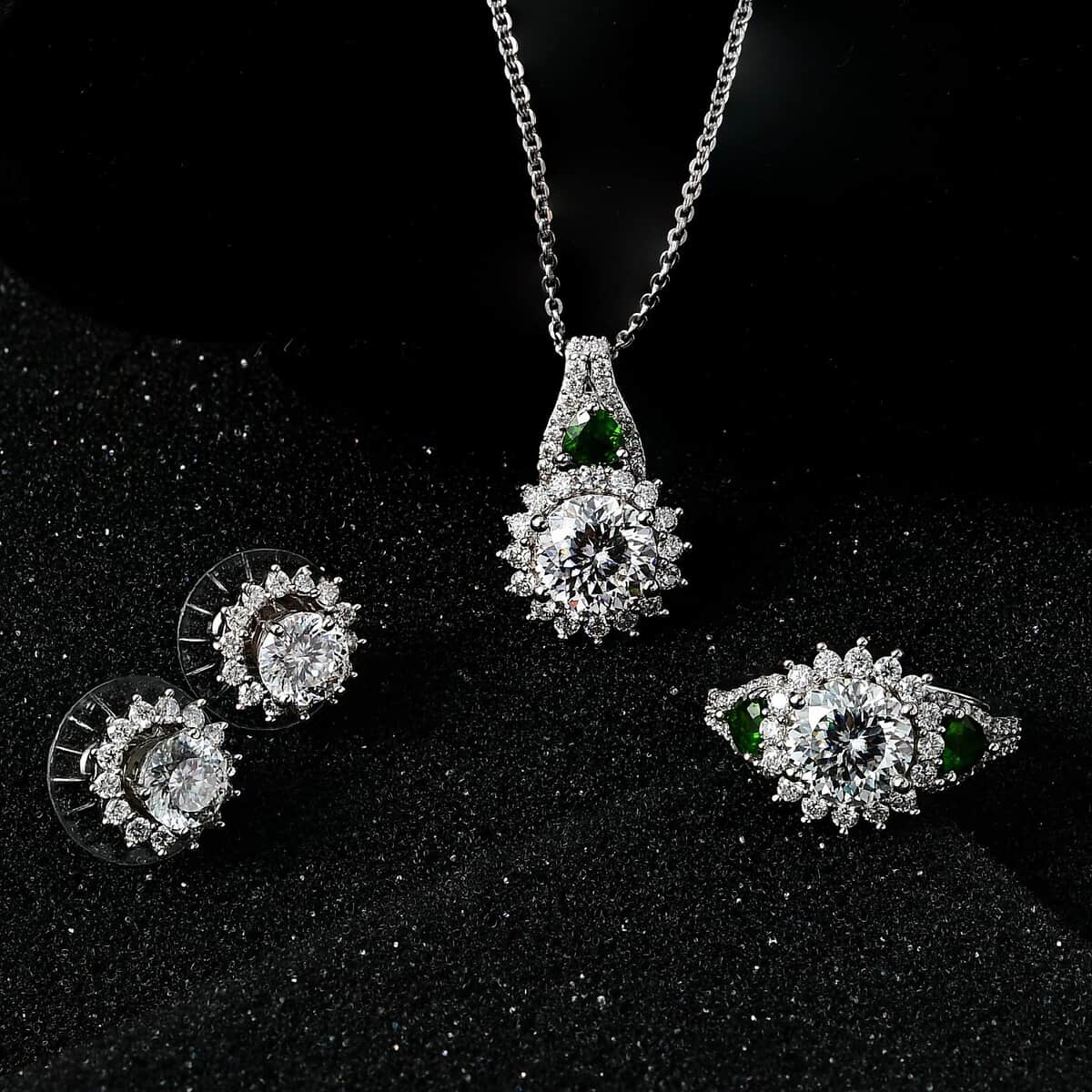 120 Facet Moissanite and Chrome Diopside Stud Earrings, Ring (Size 8.0) and Pendant Necklace 20 Inches in Platinum Over Sterling Silver 8.00 ctw image number 1