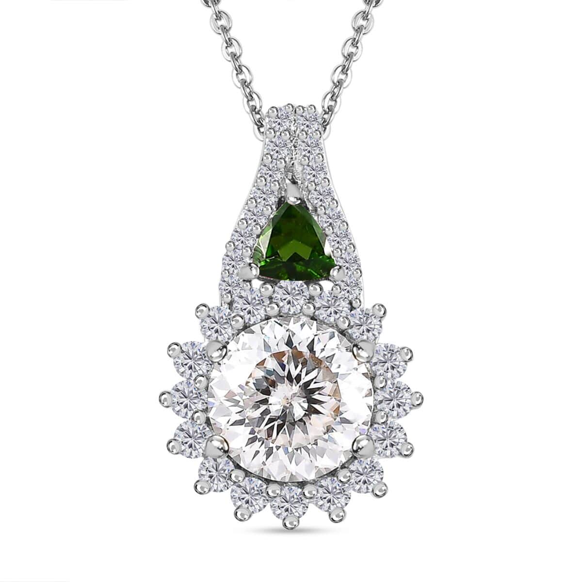 120 Facet Moissanite and Chrome Diopside Stud Earrings, Ring (Size 8.0) and Pendant Necklace 20 Inches in Platinum Over Sterling Silver 8.00 ctw image number 6