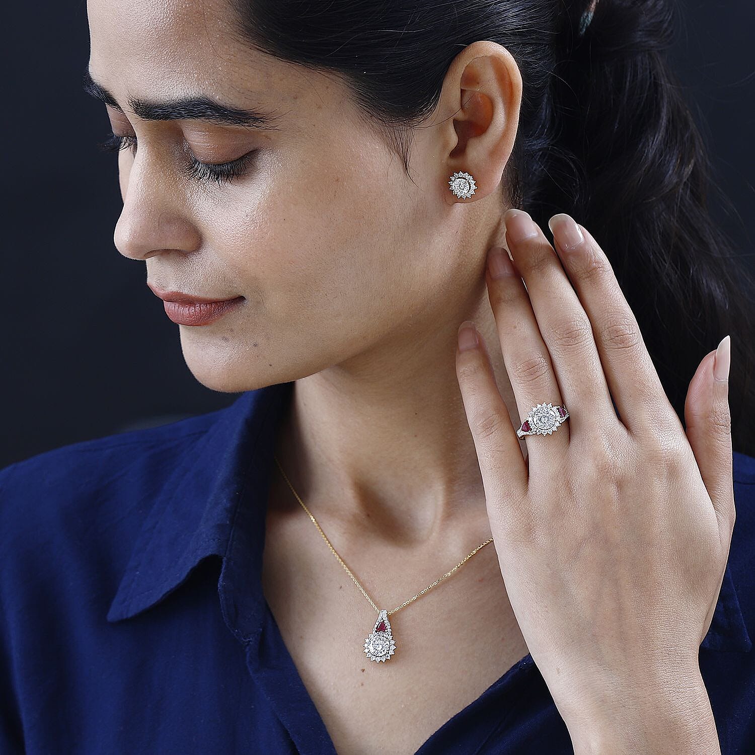 120 Facet Moissanite (Rnd 8mm), Niassa Ruby (FF) Stud Earrings, Ring (Size 6.0) and Pendant Necklace (20 Inches) in Vermeil YG Over Sterling Silver 8.20 ctw
